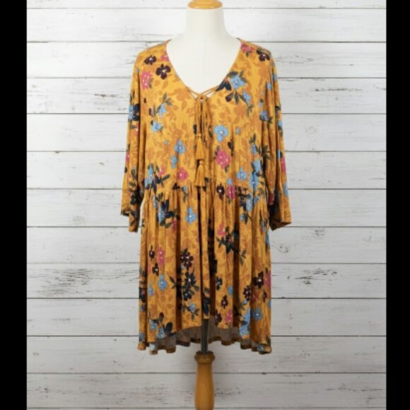 Terra & Sky 2X Plus Size Mustard Floral Tunic Top - Picture 1 of 6